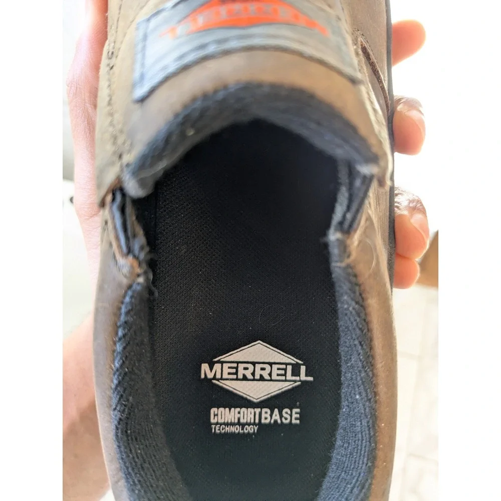 NWOB Merrell Work Jungle Moc Alloy Toe Men Brown Leather Slip On Comfortbase 7.5